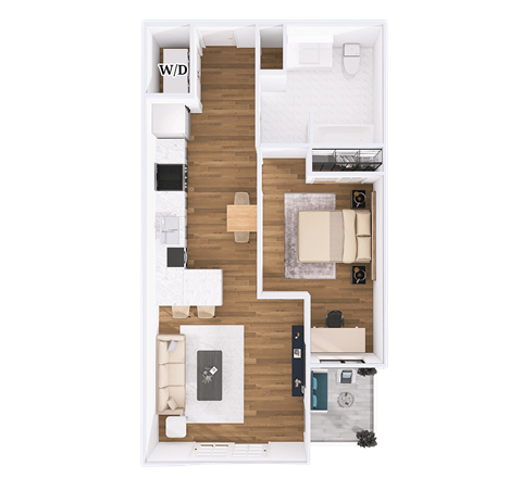 A floor plan of a room with a kitchen, living room, and bathroom.